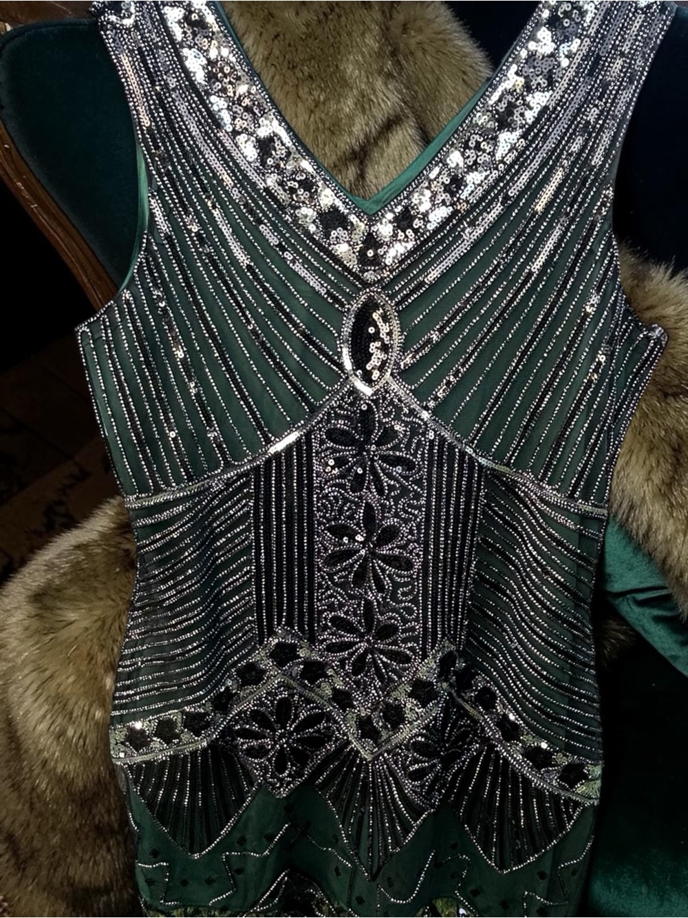 Sequence Emerald Flapper Dress with Silver & Black Embellishments.